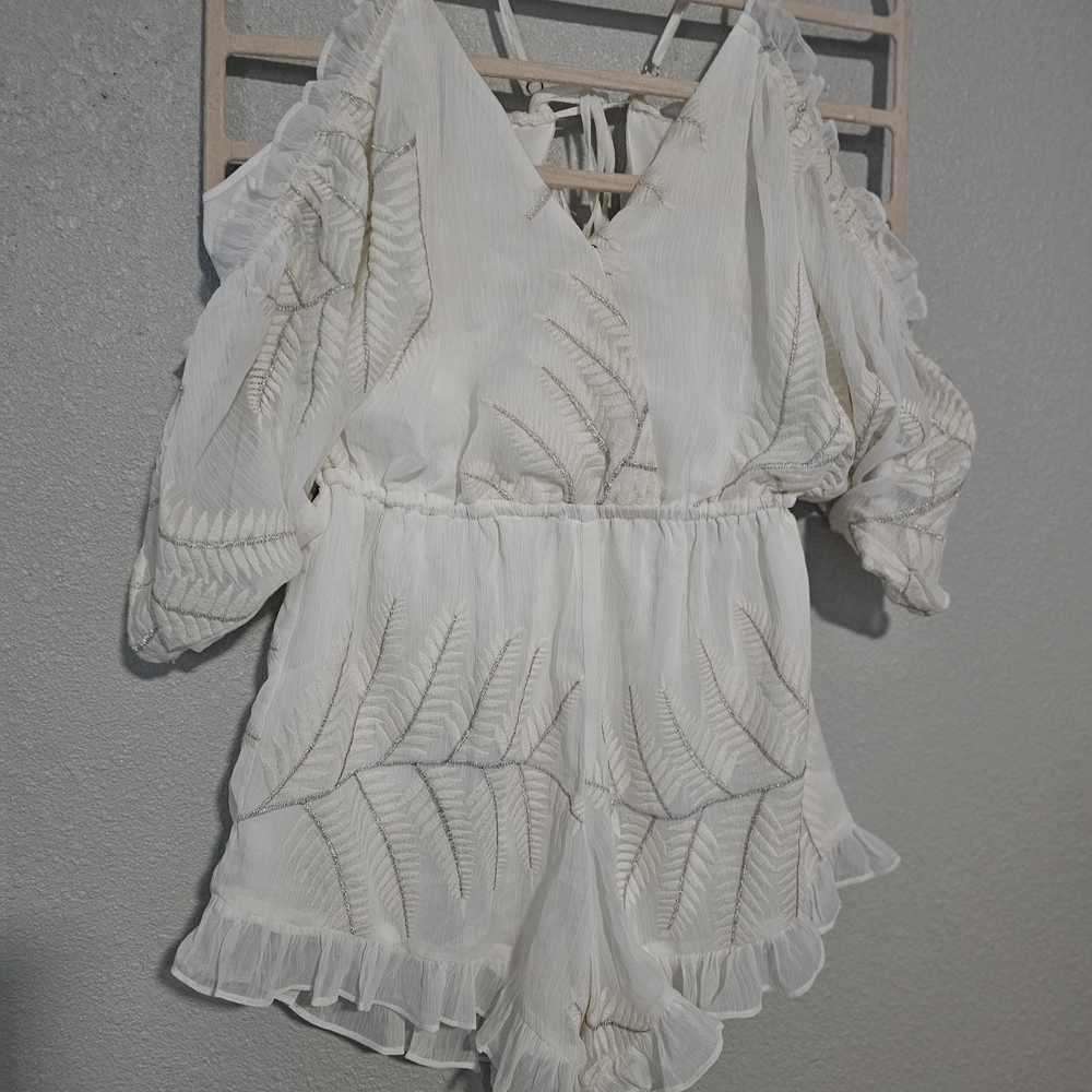 Lovers + Friends White Embroidered Cold-Shoulder Romper
